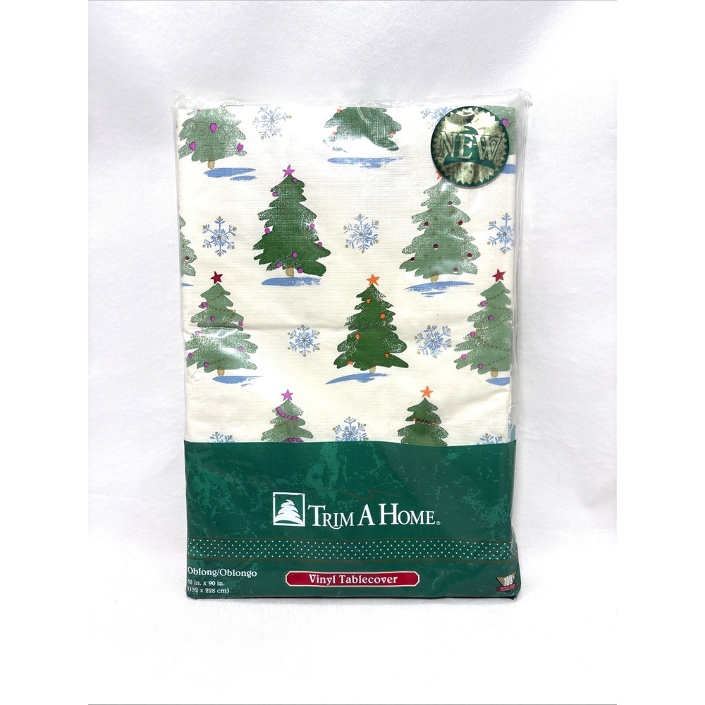 VTG Trim a Home Christmas Vinyl Tablecover 52x90 Oblong Holiday 90s Tree NOS
